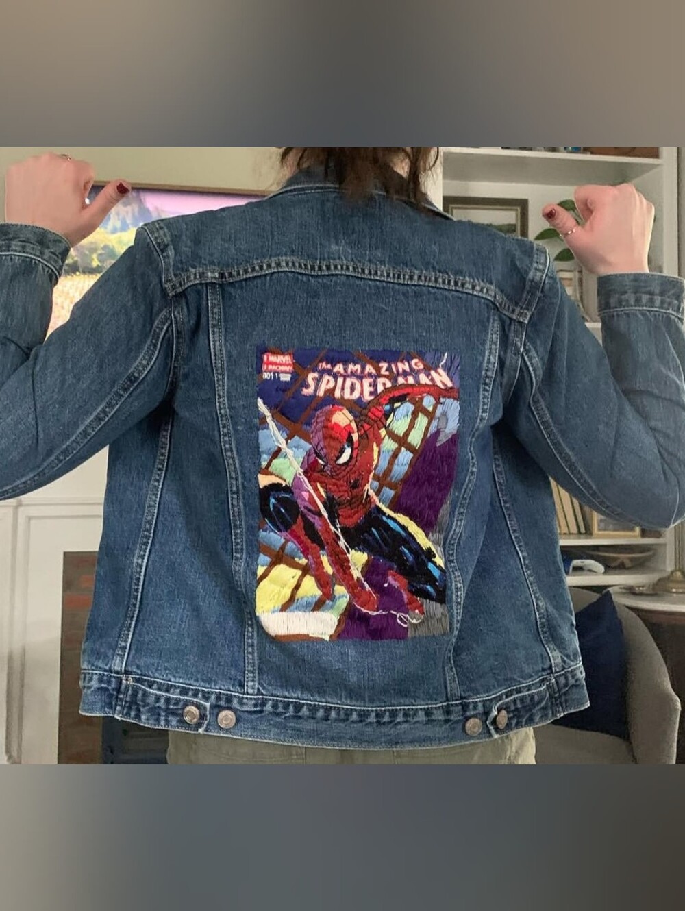 Custom Hand Embroidered Superhero Spidey Denim Jean Jacket GAP Women's Size S